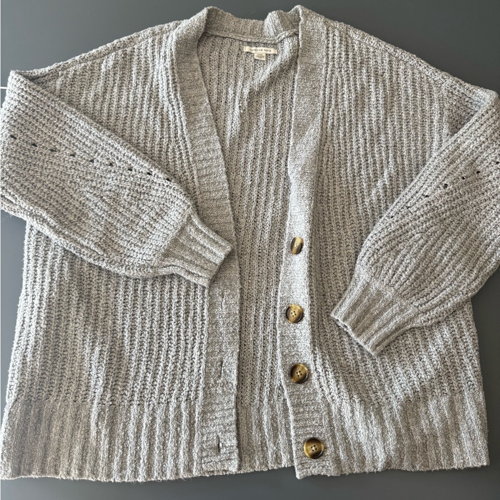 Cozy Gray Knit Cardigan Sweater AE